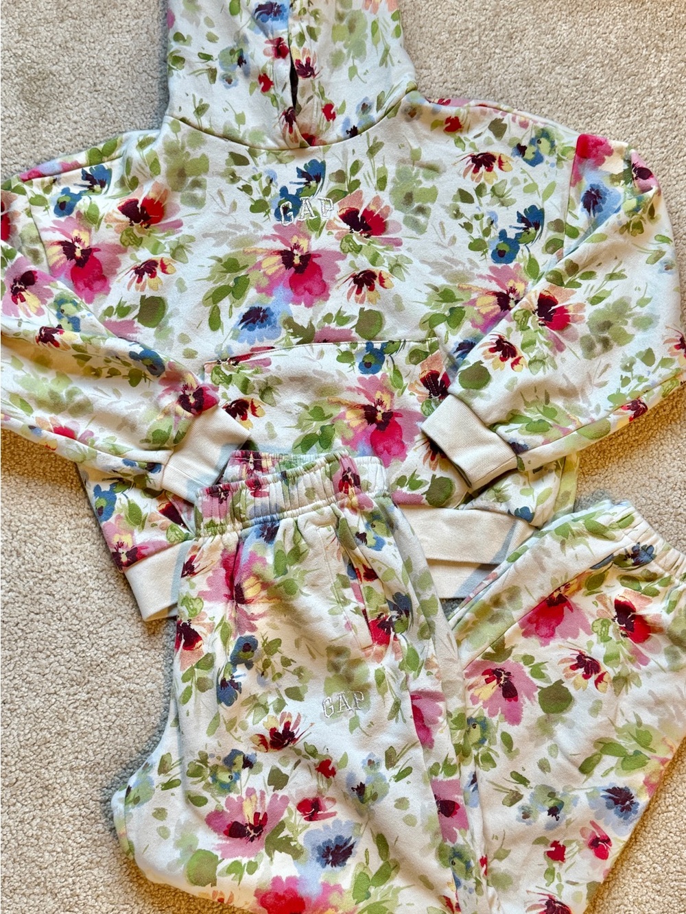 GAP Floral Hooded Sweatshirt & Jogger Set in Cream, Pink and Green sz 10/12